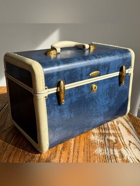 Vtg Samsonite Schwayder Train Luggage 4712 Makeup Travel Case Blue Marble 13x9x8